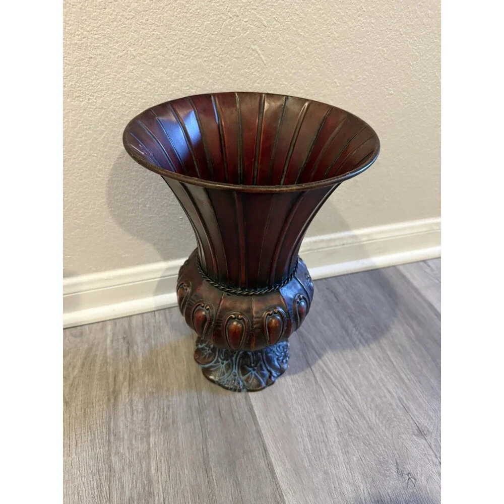 Flared Traditional Style Metal Urn Vase Metal Body Bronze Base 13” H* 9.5 W